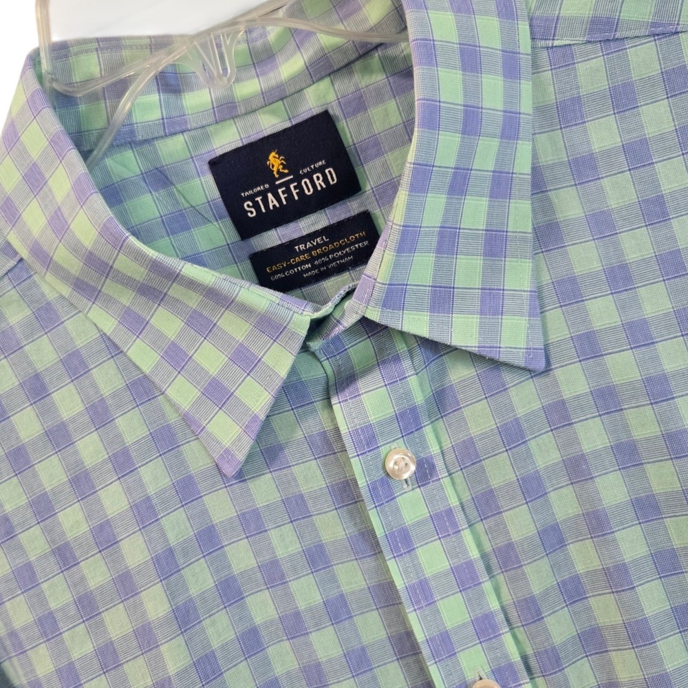 Stafford Mens 2XL-Tall Fit Short Sleeve Button Shirt Plaid Green Blue Easy Care